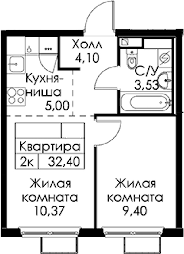 1-комнатная квартира 32.4 м², 3/15 эт., ЖК «Янинский лес»